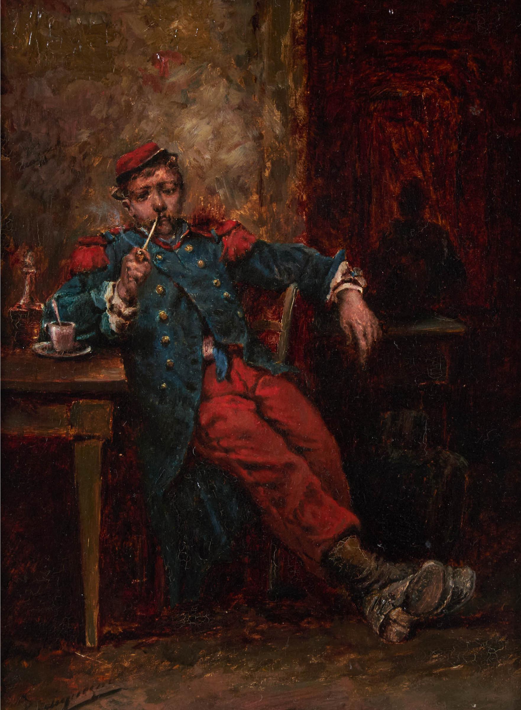 Wilfrid Constant Beauquesne - A Young Soldier Sitting At A Table Smoking A Pipe