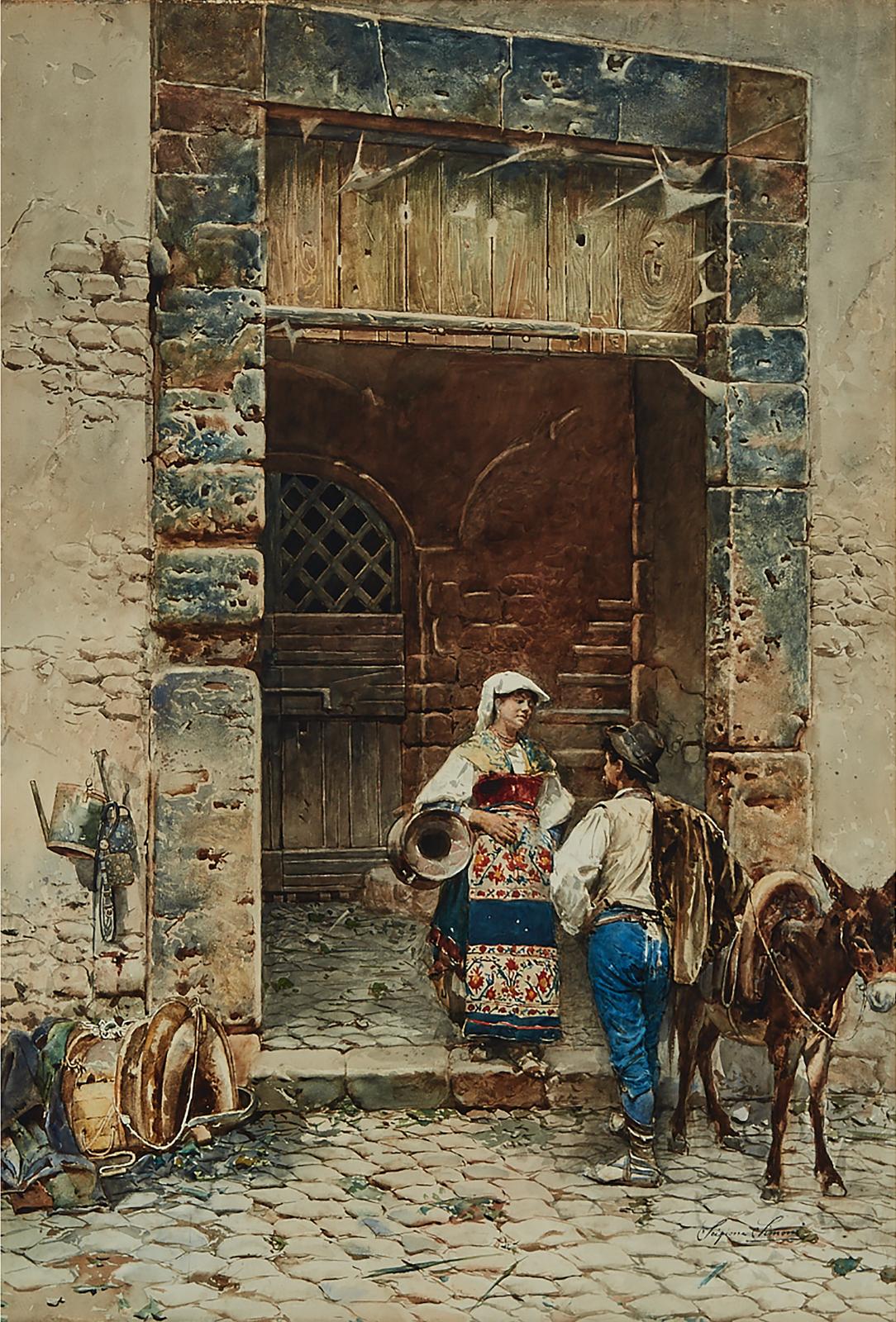 Scipione Simoni (1853-1918) - Woman Conversing With A Musician At A Portal In Italy