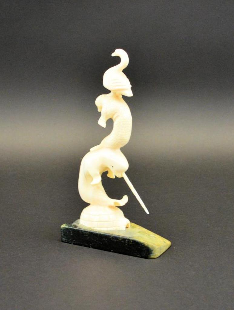 Jaco Ishulutaq (1951) - ivory totem with igloo, narwhal, seal and goose on a stone base