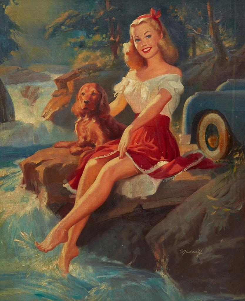William (Bill) Medcalf (1920-2005) - A Girl and her Dog by the River
