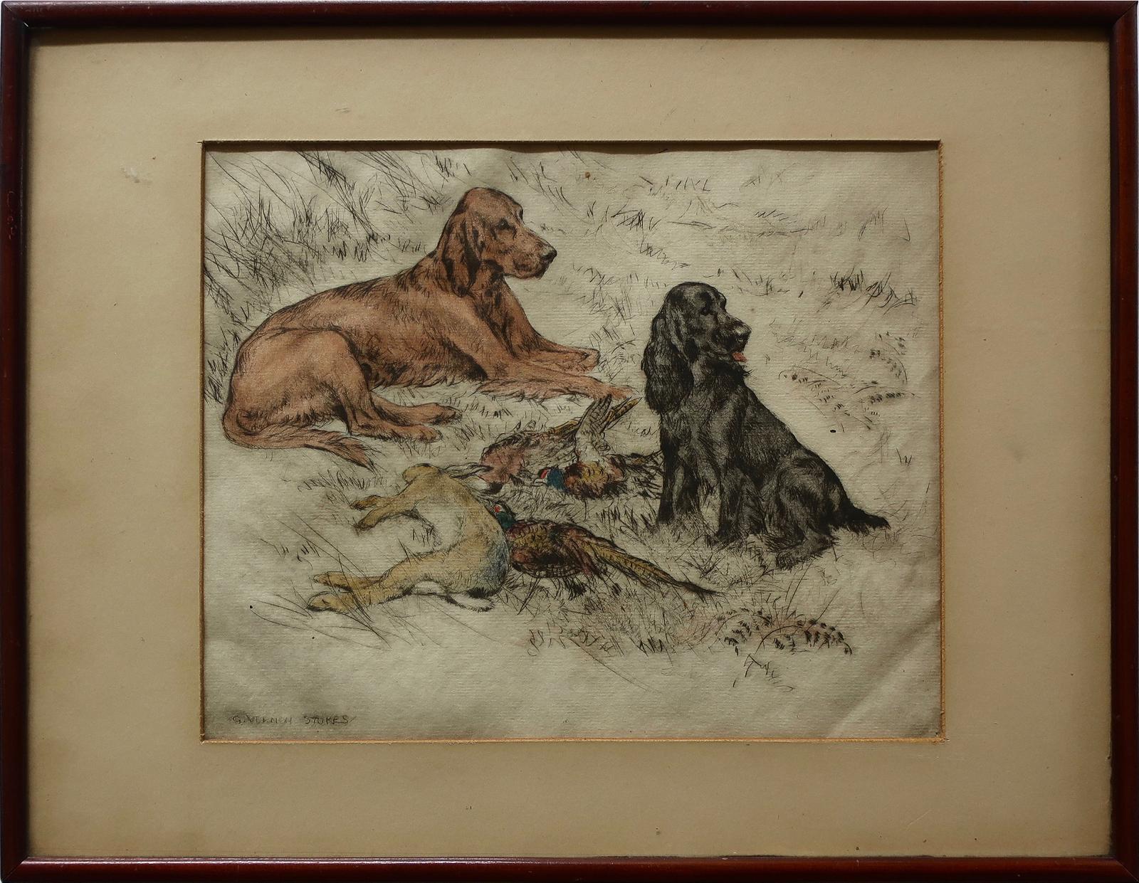 George Vernon Stokes (1873-1954) - Labrador And Spaniel With Pheasants And Rabbit