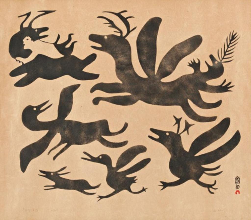 Pitseolak Ashoona (1904-1983) - Man with Beasts, 1963 #72, stencil, 9/50, 20 x 22.75 in, 50.8 x 57.8 cm sight, 28 x 30 in, 71.1 x 76.2 cm framed