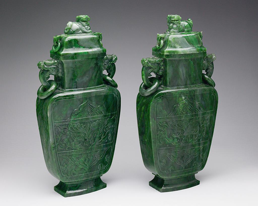 Chinese Art - A Pair of Large Archaistic Spinach Green Jade Vases and Covers, Mid 20th Century