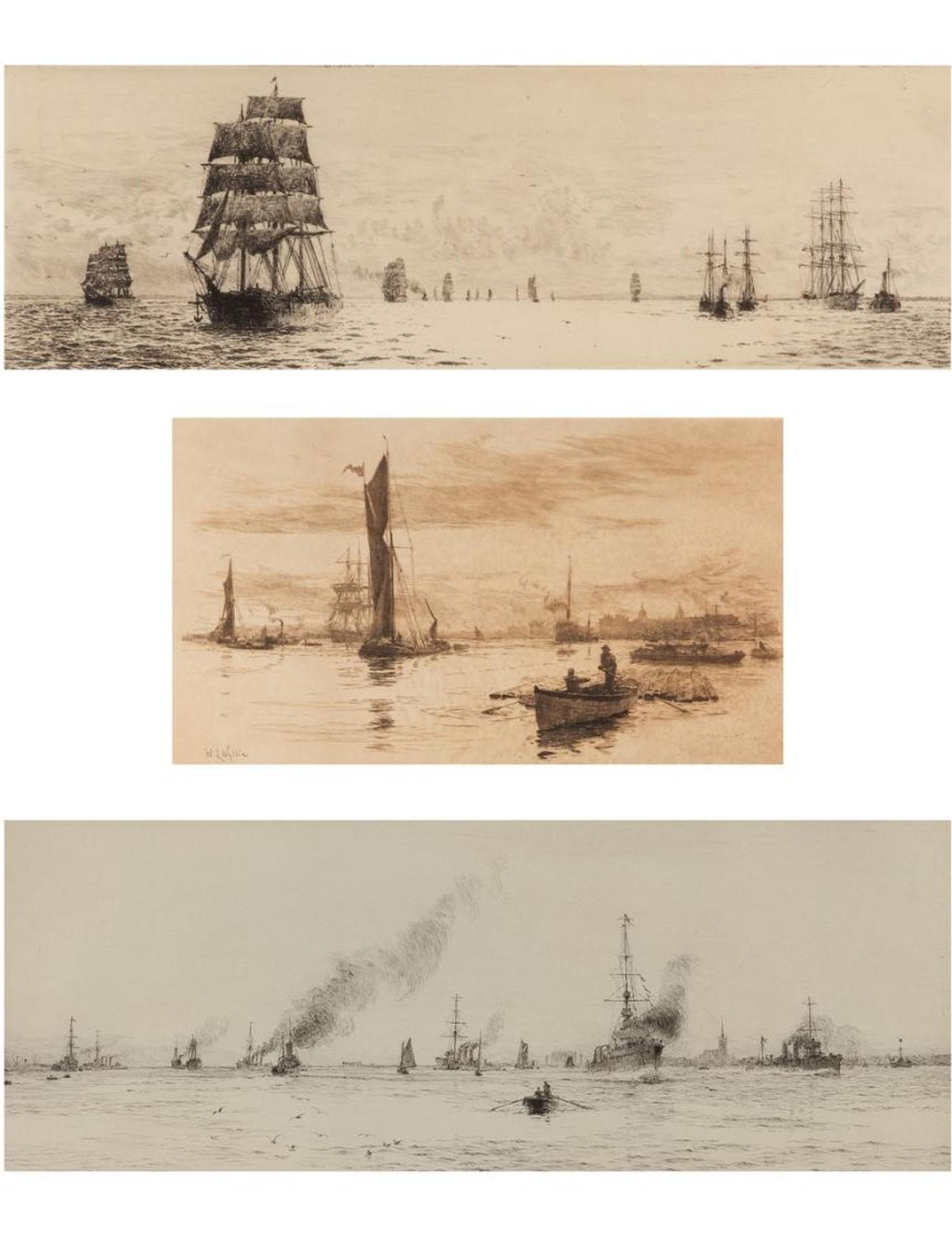 William Lionel Wyllie (1851-1931) - The Tidal Thames; Light Cruisers and destroyers at Hartwick & Norwegian Timber Ships