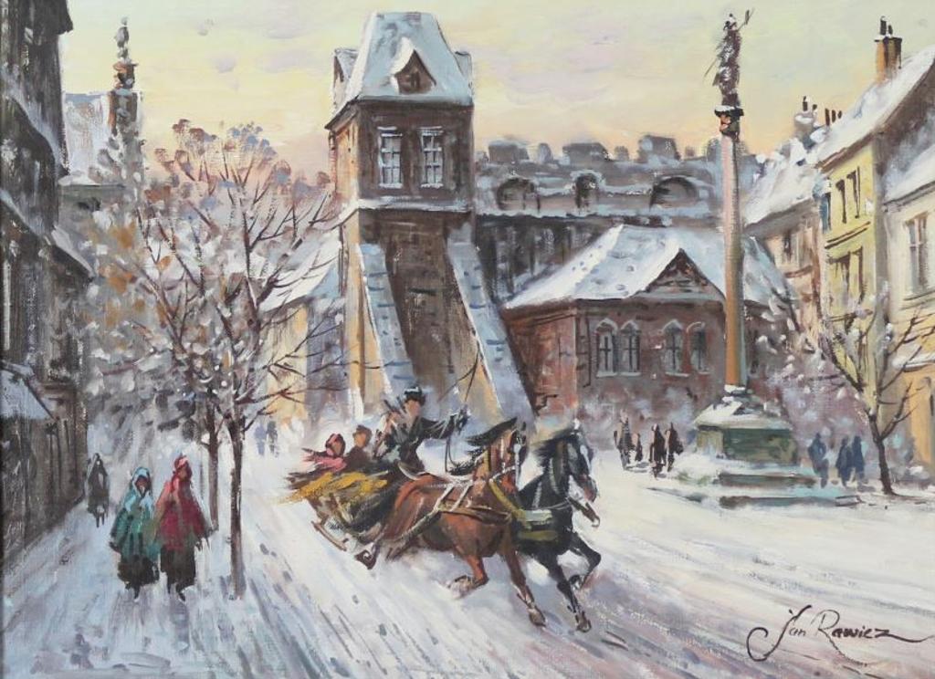 Jan Rawicz (1914) - Winter City Scene With Troika And Monument