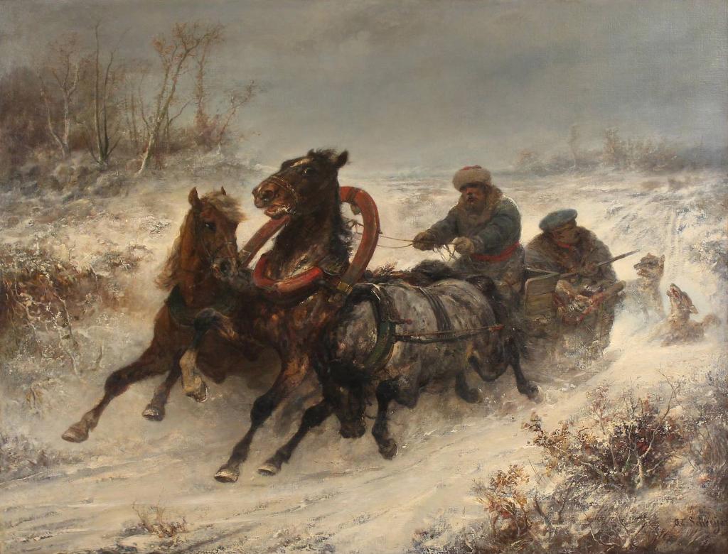 Adolf Schreyer (1828-1899) - Attacked By The Wolves