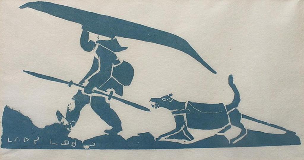 Matiusi Manukullu Qiluqi (1911-1968) - An Inuit Carrying A Kayak Followed By A Dog