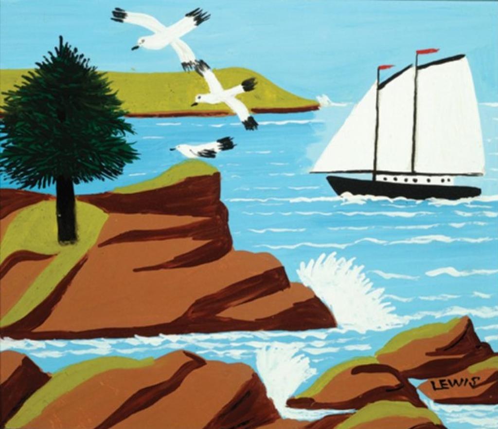 Maud Kathleen Lewis (1903-1970) - Sailboat & Gulls, Nova Scotia