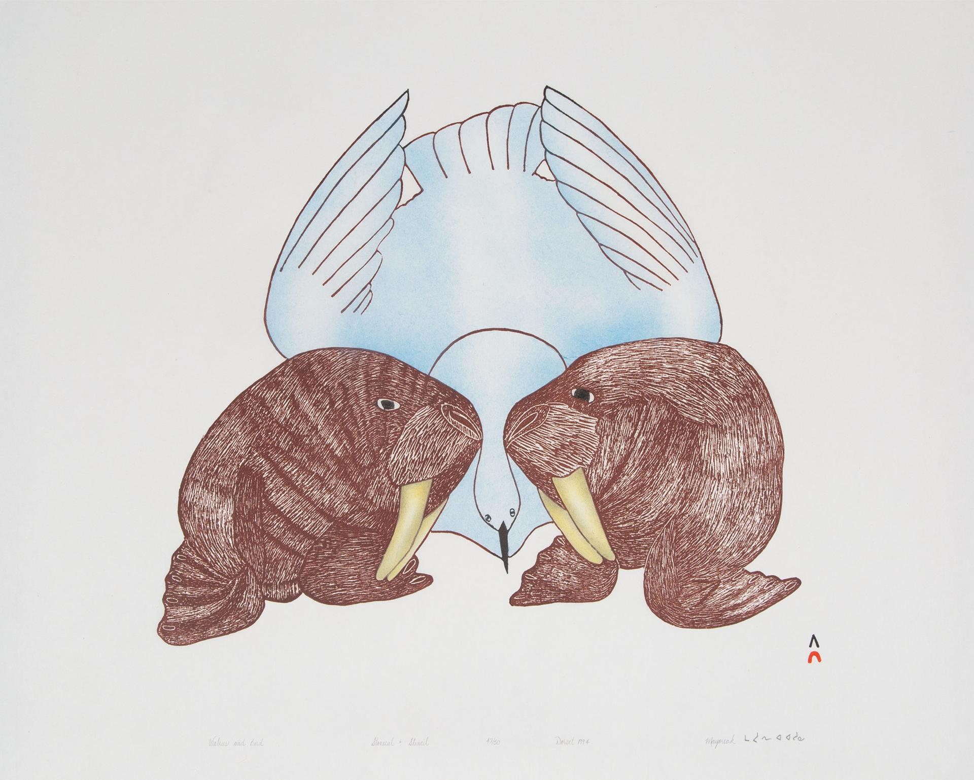 Mayureak Ashoona (1946) - Walrus And Bird, 1994