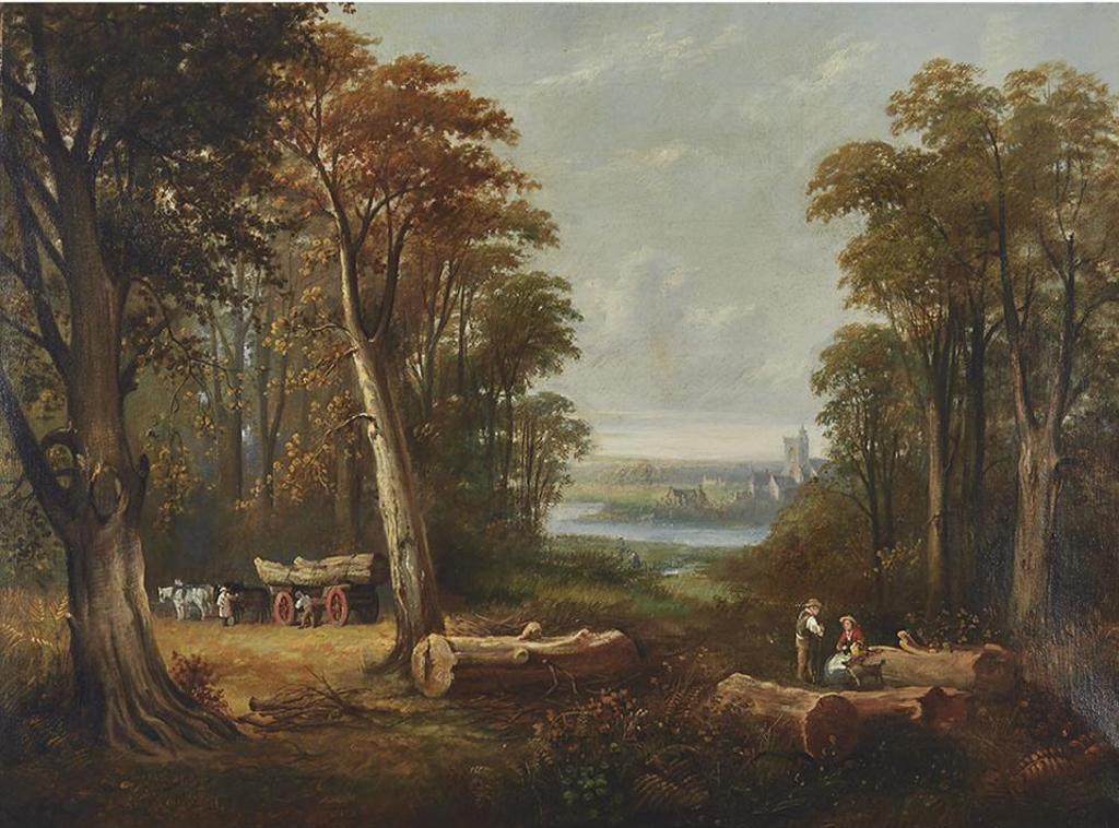 J. Myles - Rustic Scene With Loggers In A Forest Clearing And Figures Resting Outside Town