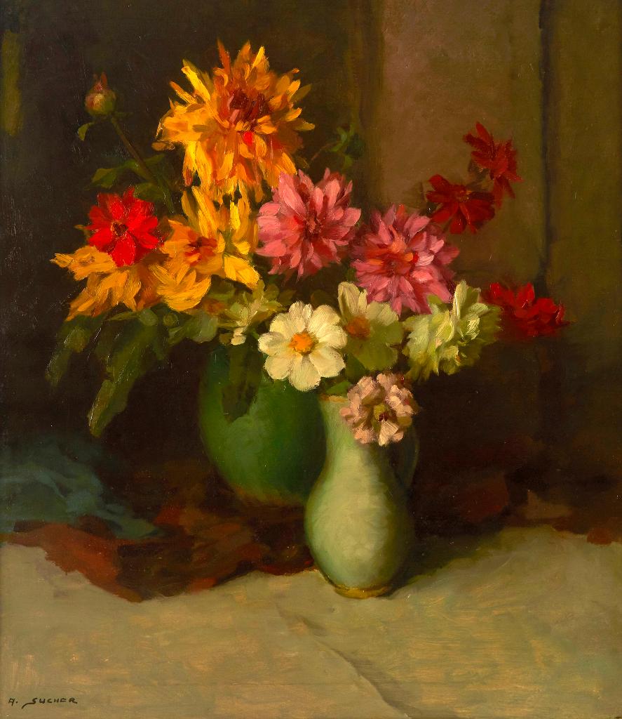 A. Sucher - Still Life with Vases of Garden Flowers