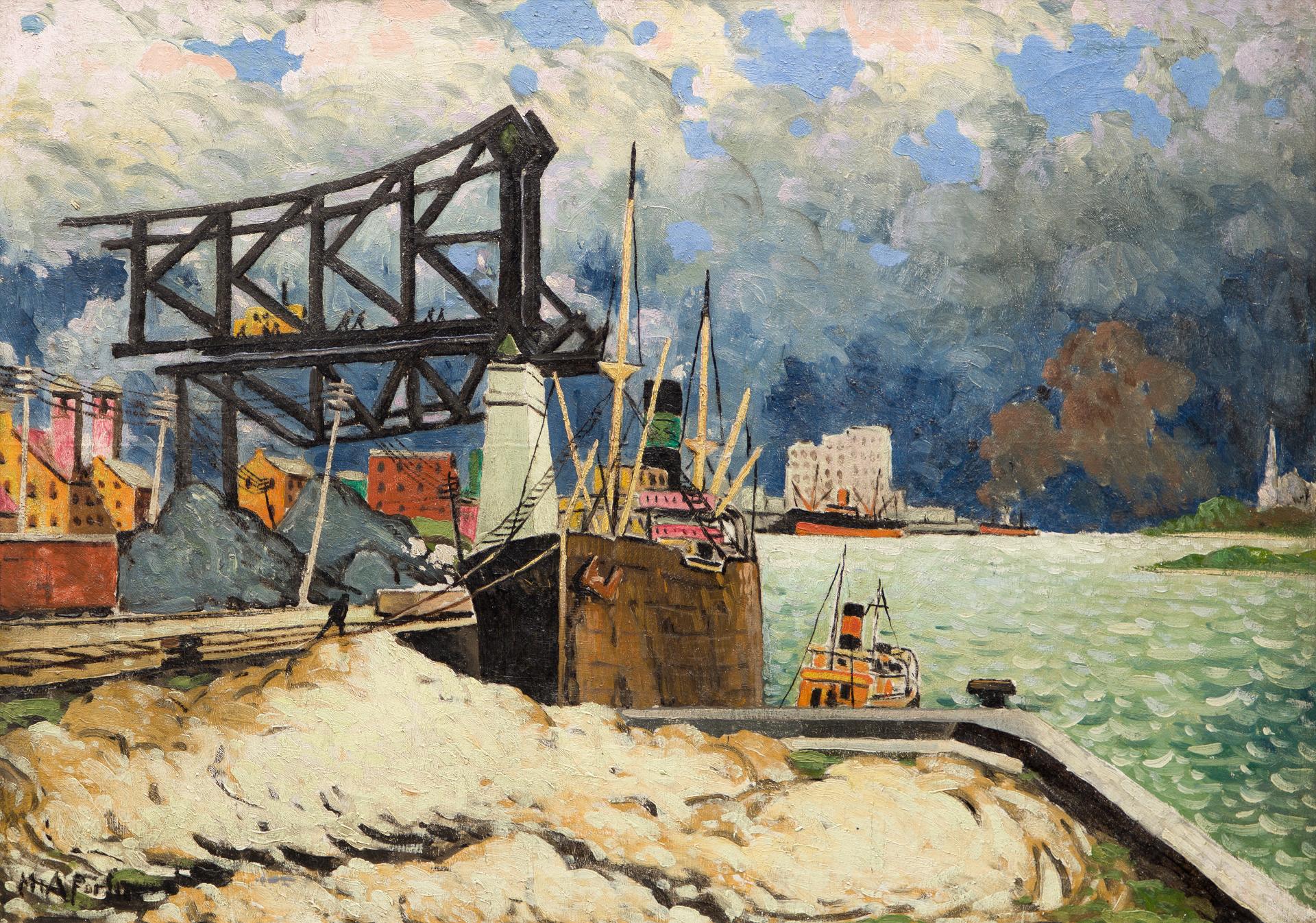 Marc-Aurèle Fortin (1888-1970) - The Sandpile Harbour Scene, Montreal (Le pont Jacques-Cartier en construction), c. 1927