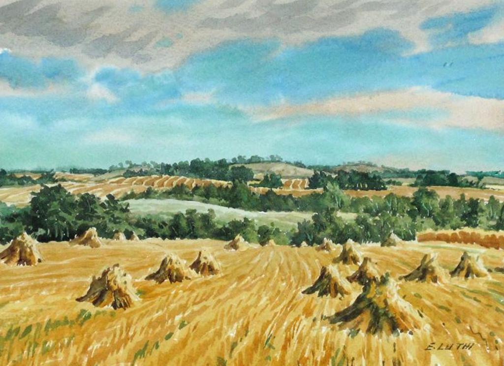 Ernest (Ernie) Luthi (1906-1983) - Harvest Field Between Quinton & Punnichy, Oat Stooks In Ben Thomass; 1971