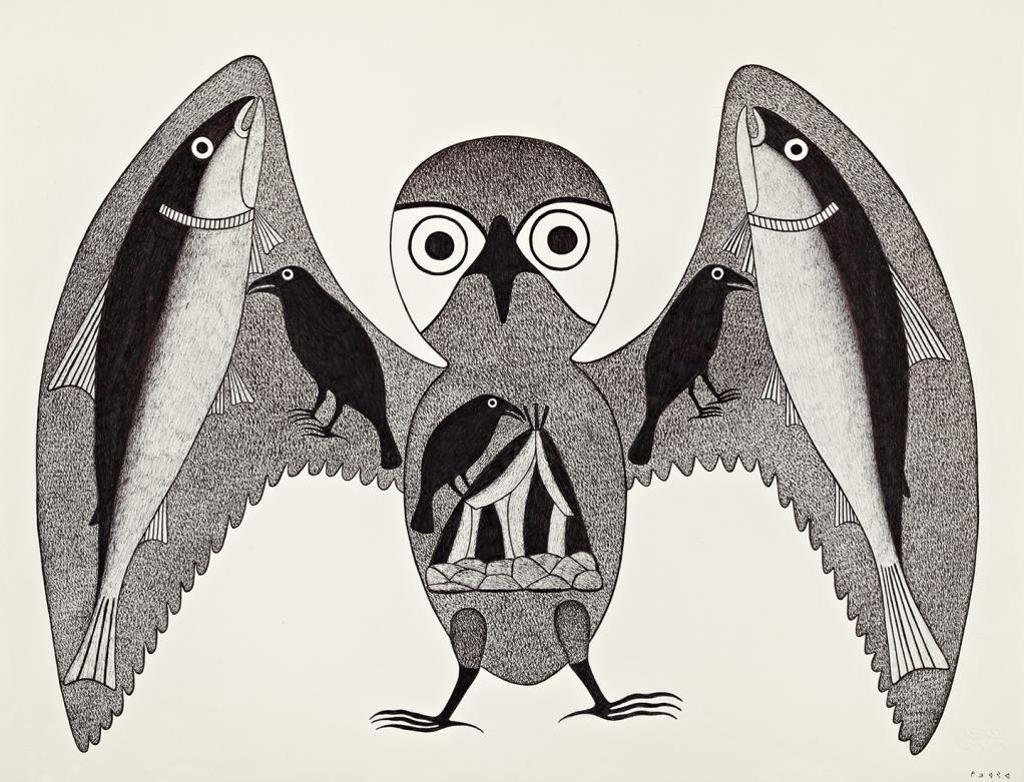 Kenojuak Ashevak (1927-2013) - Owl, Fish, Ravens and Skin Tent, c. 1998-99