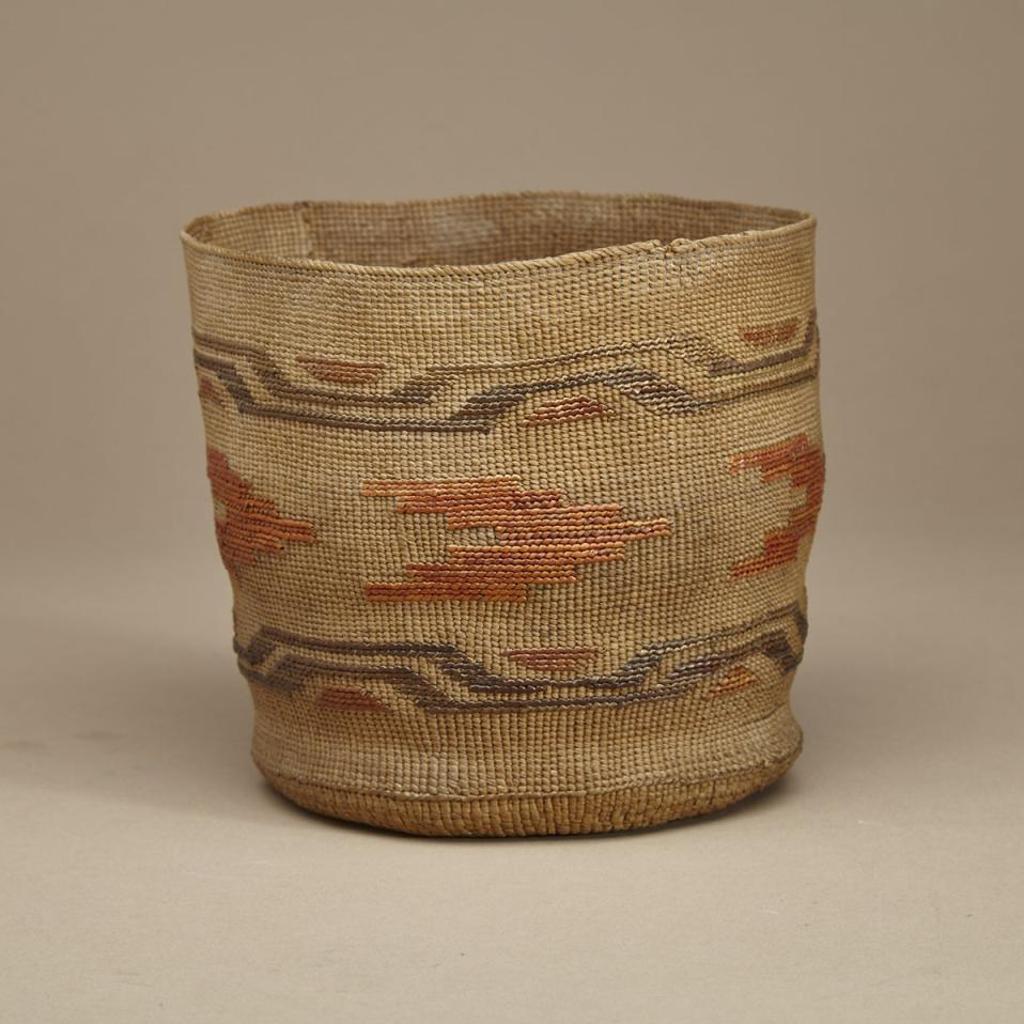 Tlingit - Open Twined Cylindrical Basket With Banded Geometric False Embroidery