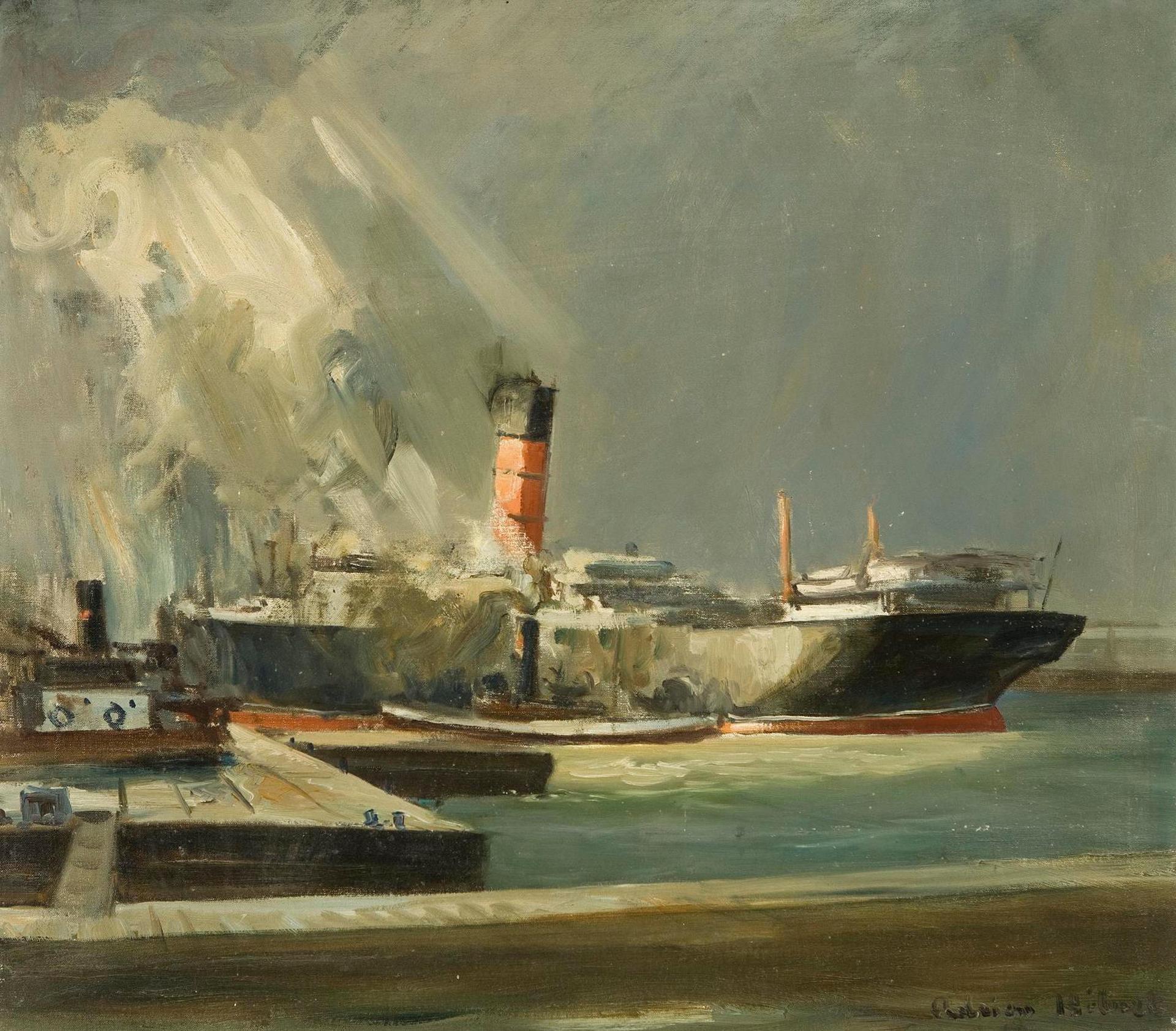 Adrien Hébert (1890-1967) - A Cunard Liner in Montreal Harbour
