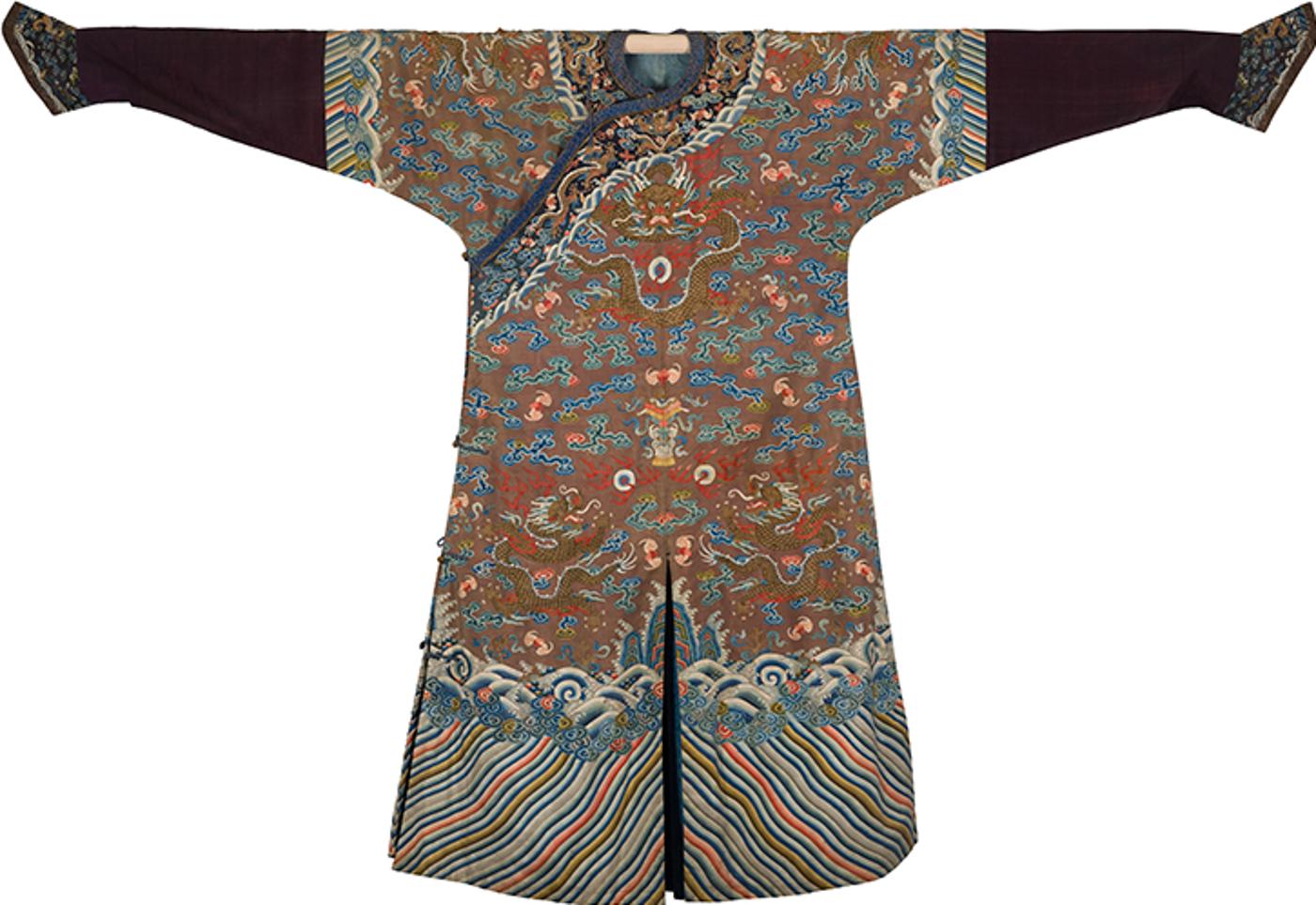 Chinese Art - A Chinese Apricot Ground Silk Kesi Dragon Robe, Mid 19th Century