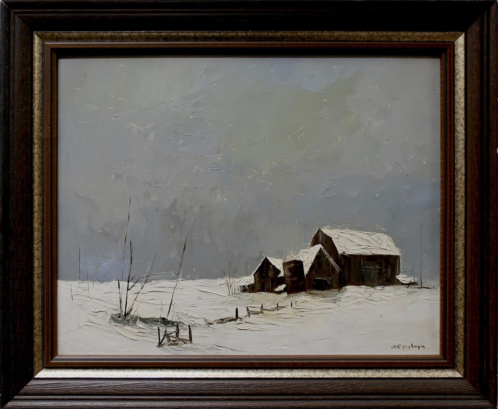 Arto Yuzbasiyan (1948) - Untitled (Barns In Winter) Oil On Masonite; Signed Lower Right