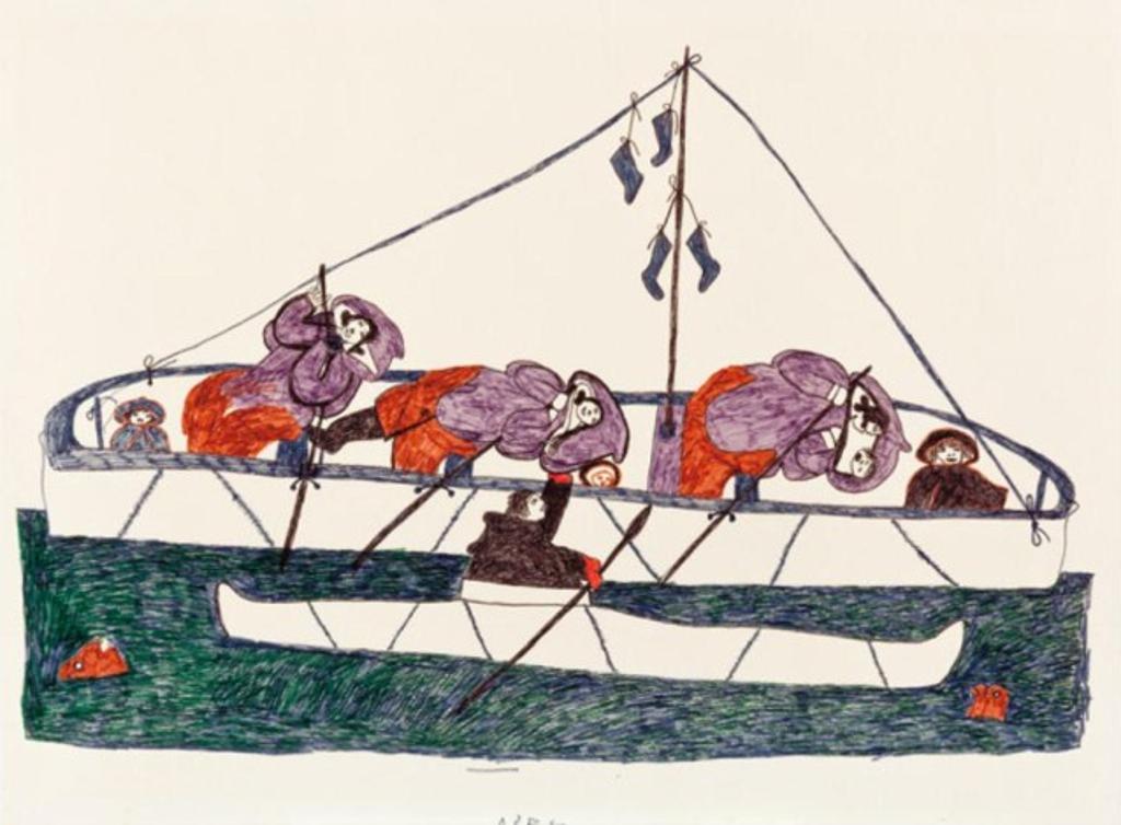 Pitseolak Ashoona (1904-1983) - Untitled (women and children in an umiak, kayaker and walrus), ca. 1970-72