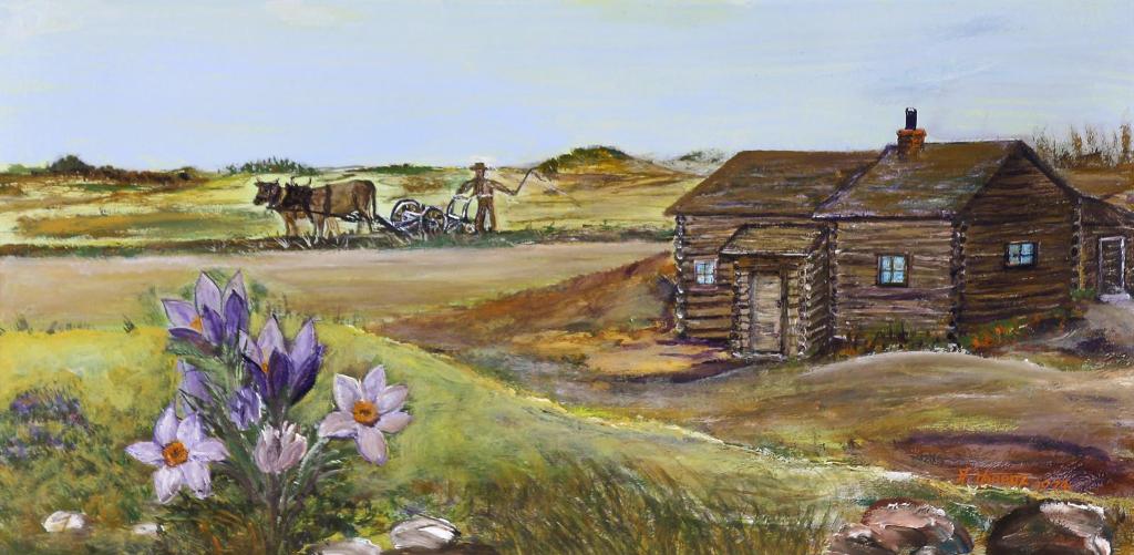 Ann Alexandra Harbuz (1908-1989) - Farm Scene With Crocuses; 1974