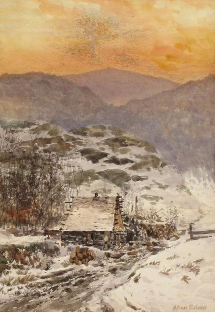 Aaron Allan Edson (1846-1888) - Winter Scene With Log Cabin At Sunset