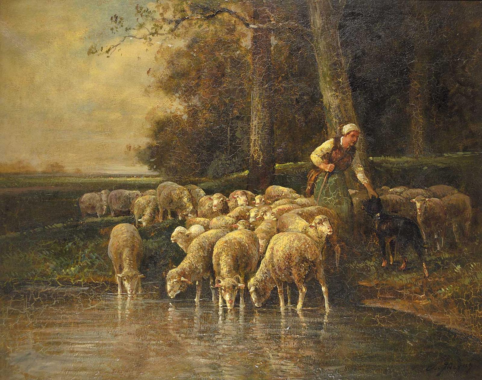 Charles Émile Jacque (1813-1894) - Untitled - Shepherd Watering the Flock