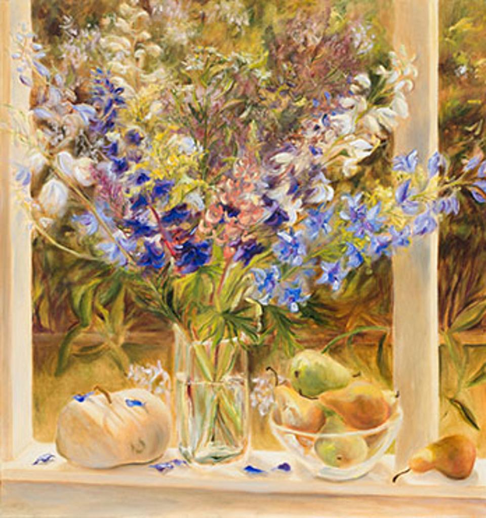 Jamie Evrard (1949) - Still Life with Delphiniums and Pears