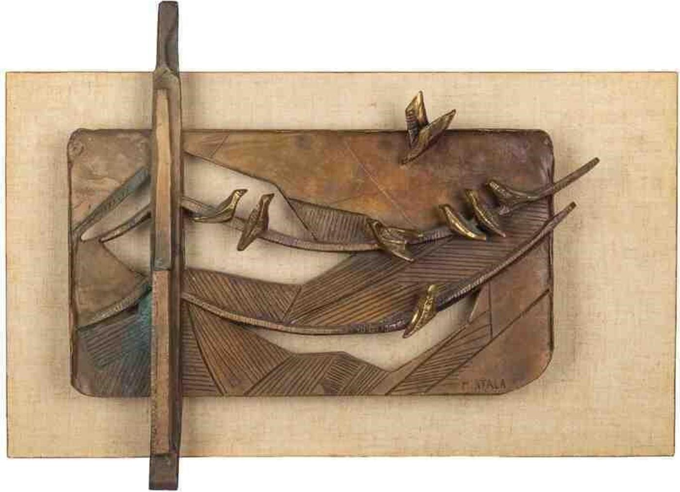 Mirtala Bentov (1929) - Birds in an Abstract Tree. Bronze sculpture on canvas backing