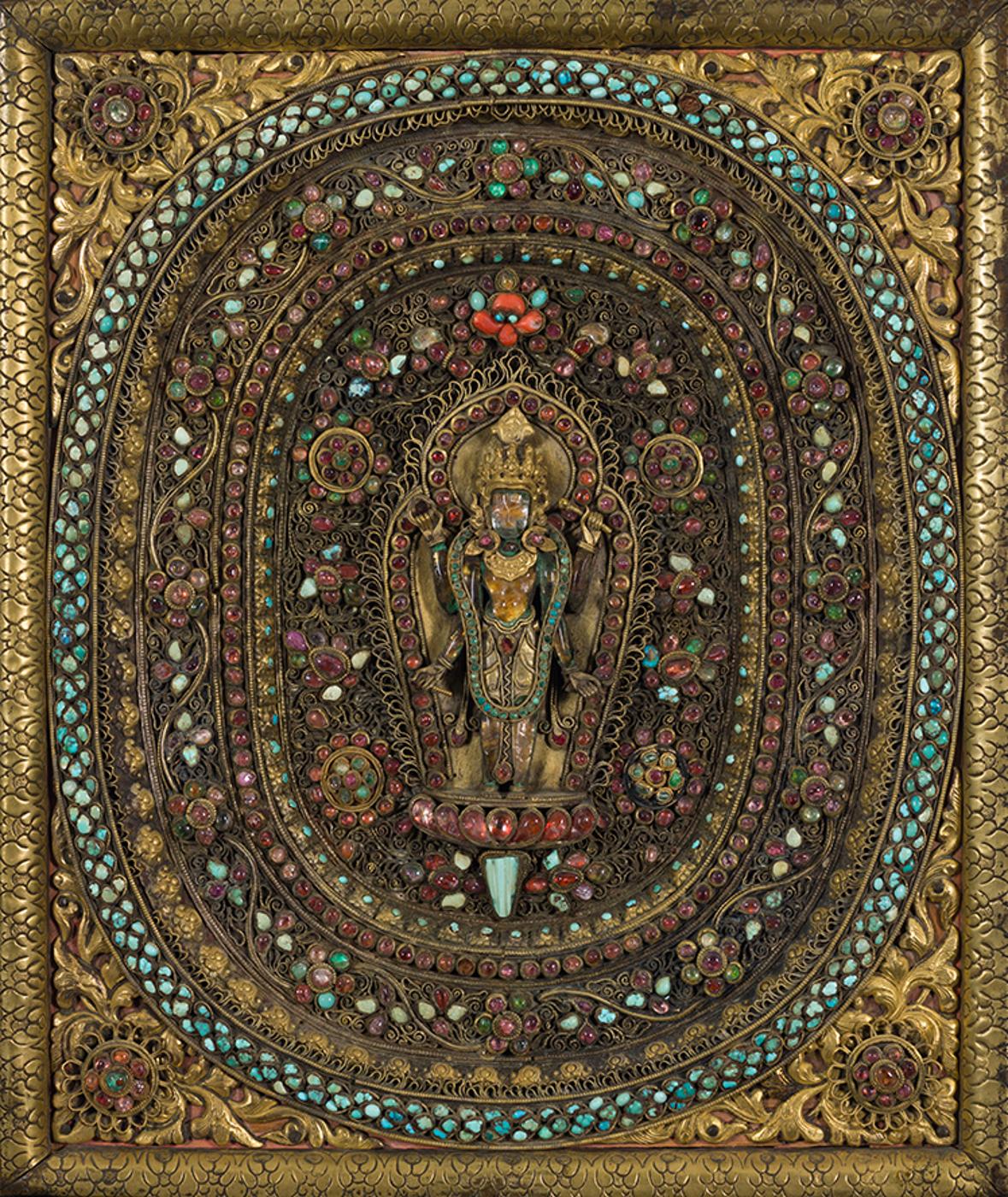 Nepalese Art - A Large and Magnificent Nepalese Gilt Copper and Gem-Set Votive Plaque of Vishnu, 18th/19th Century