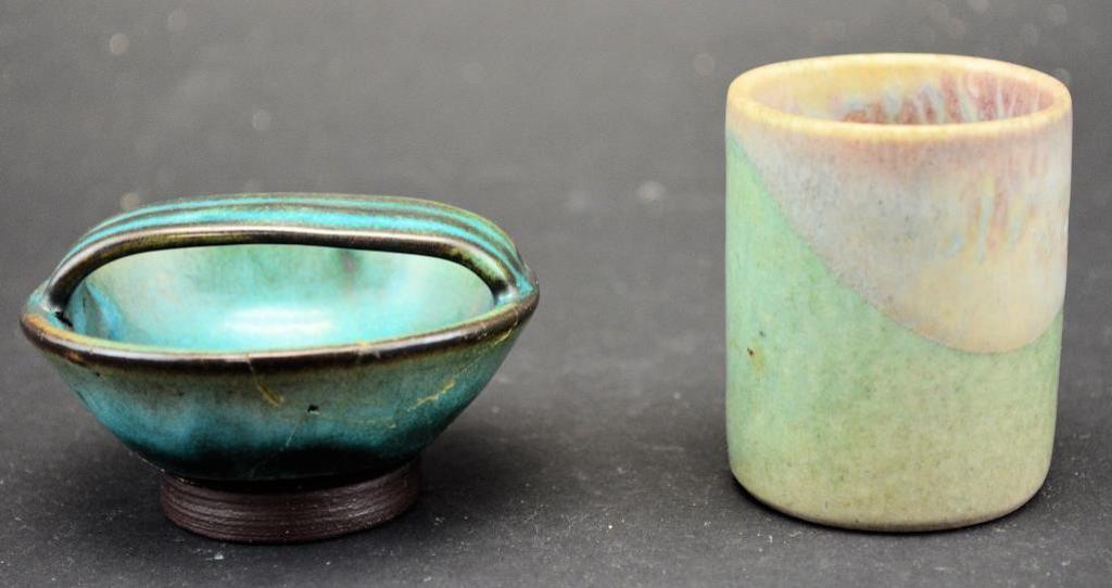 Deichmann Pottery Grouping - Consisting of turquoise coloured handled trinket bowl and small finely turned green and light purple cup