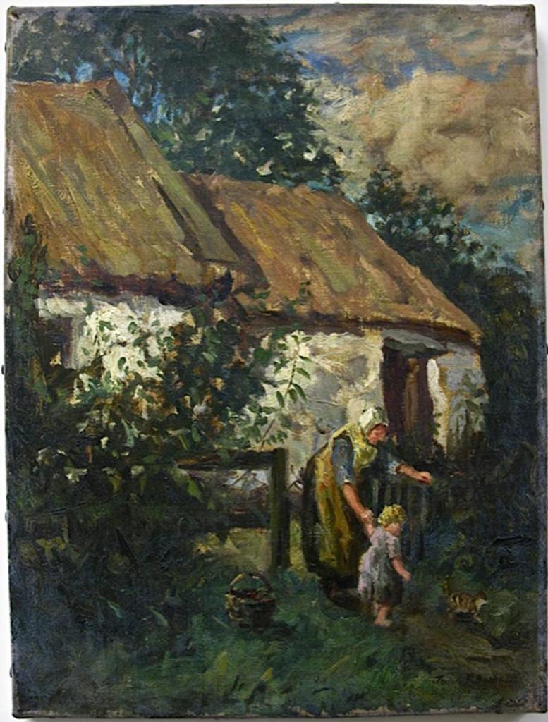 John Patrick Downie (1871-1945) - Mother And Child With Kitten Outside Crofters Home