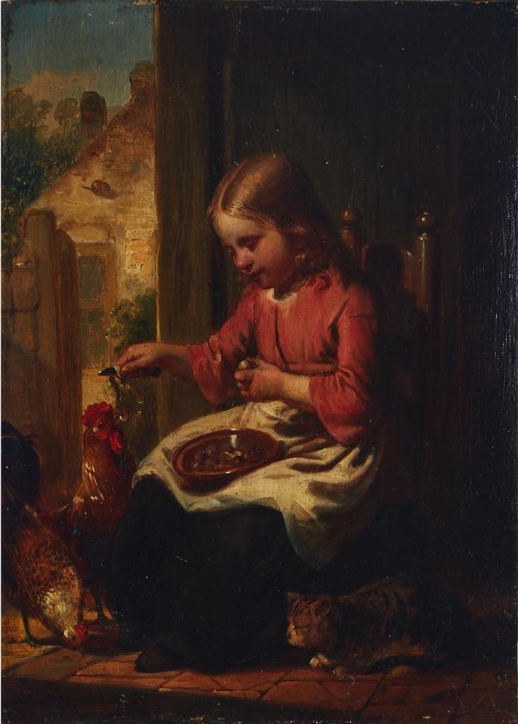 Johannes Antonius Canta (1816-1888) - Girl Feeding Chickens With Cat