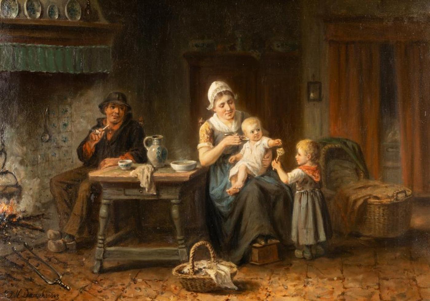 Jan Jacobus Matthijs Damschreuder (1825-1905) - Untitled - Family in Kitchen