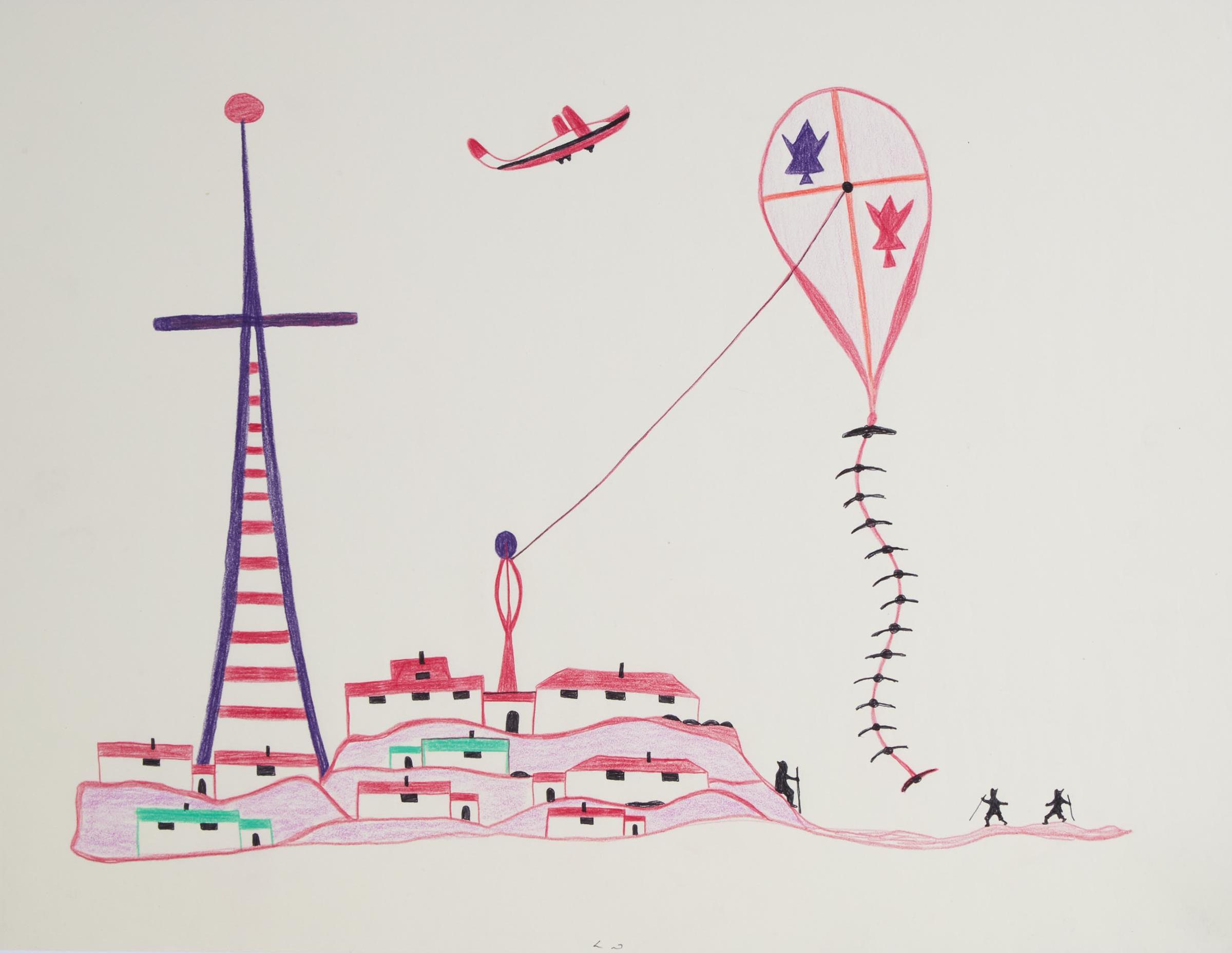 Pudlo Pudlat (1916-1992) - Untitled (Flying A Kite In The Settlement), Ca. 1991-1992