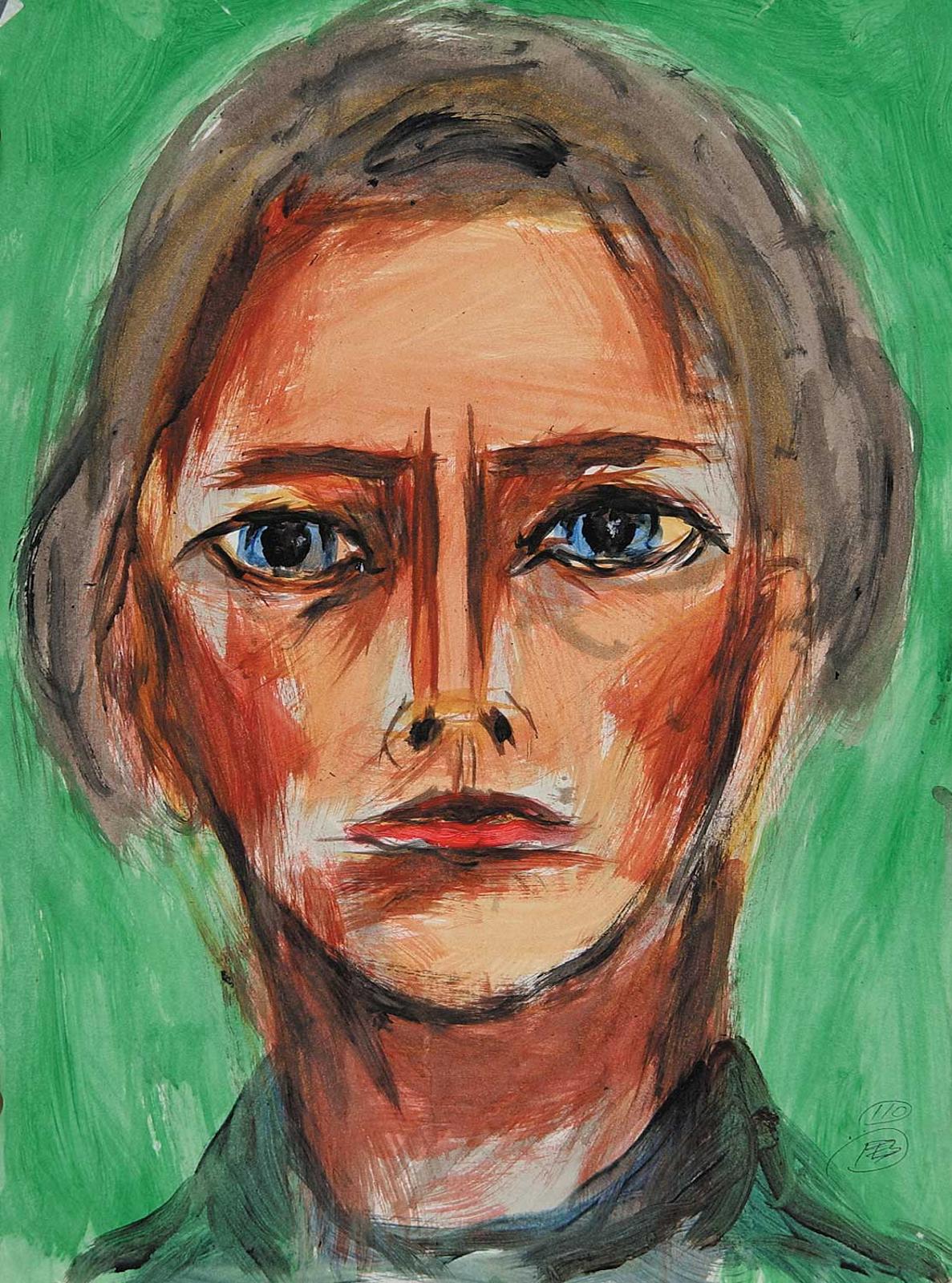Robert Charles Aller (1922-2008) - Untitled - Woman with Blue Eyes, Red Lips on Green Background