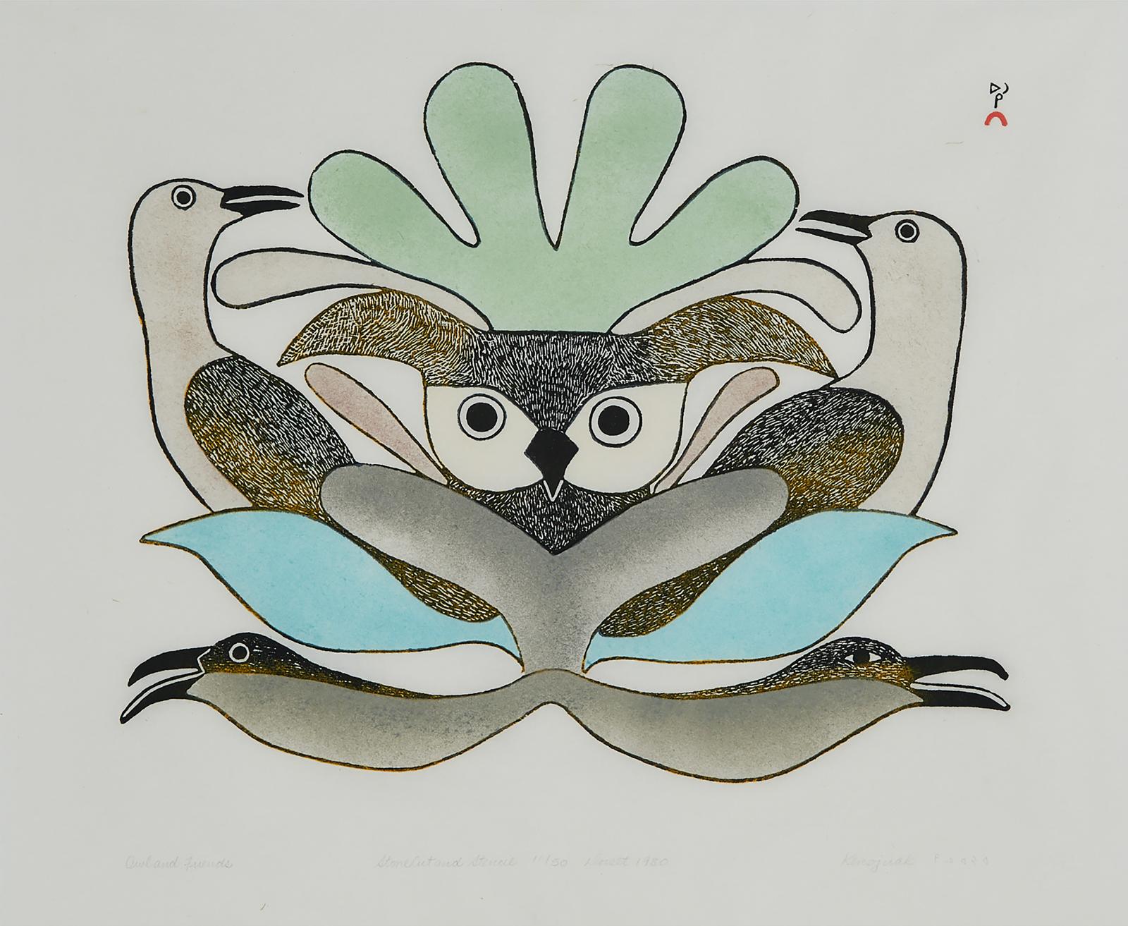 Kenojuak Ashevak (1927-2013) - Owl And Friends