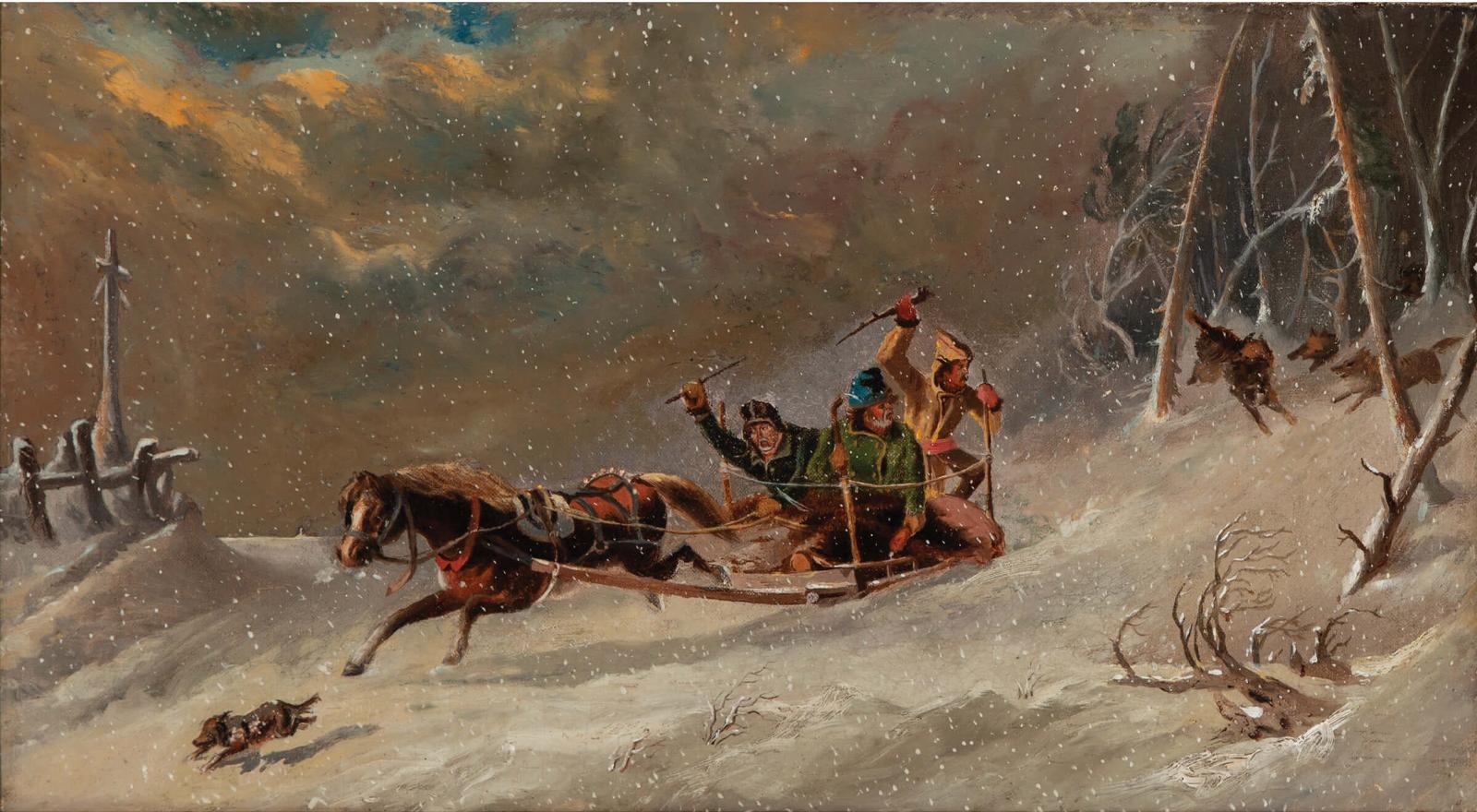 William Raphael (1833-1914) - Untitled - Wolves Chasing Habitants