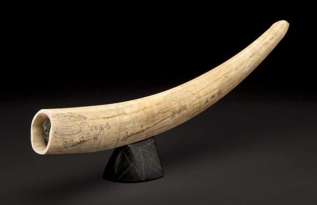 Bunnee Kattork (1929) - ), Pond Inlet, Tusk Engraved with Scenes of Travelling, Hunting, and Camp Life, 1969