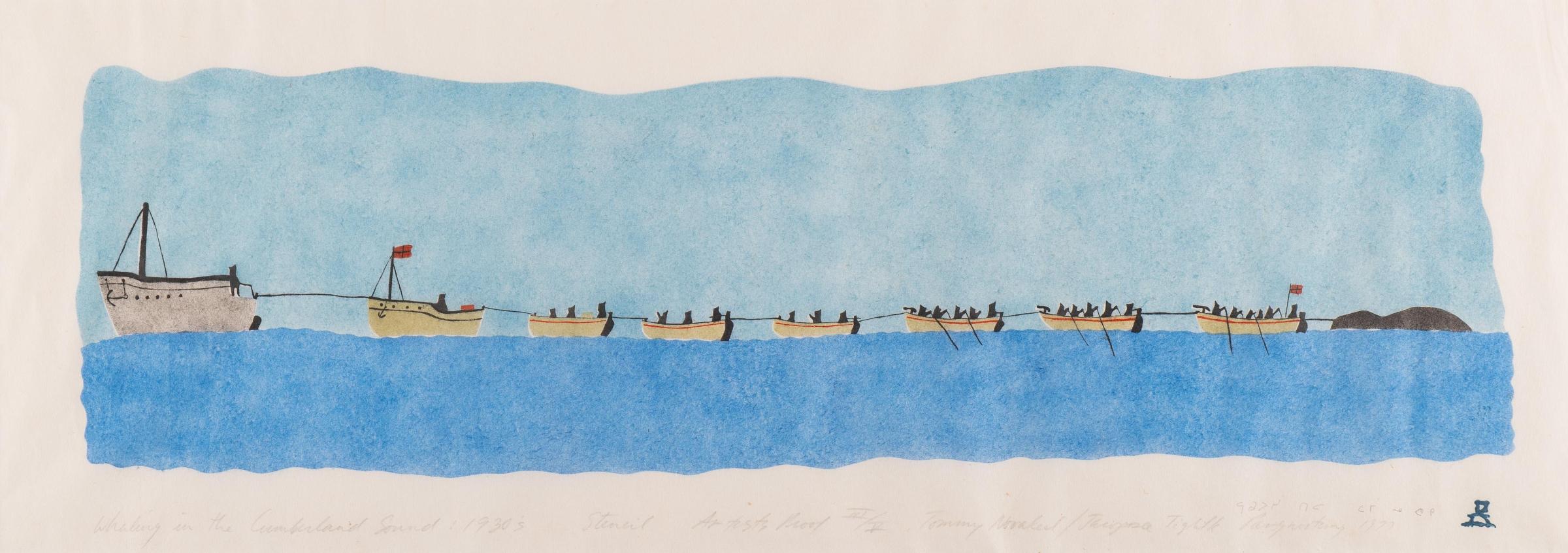 Tommy Nuvaqirq (1911-1982) - Whaling in the Cumberland Sound 1930s   Artist Proof 3 of 5 1977  Arctic Vision, Art of the Canadian Inuit Exhibition Catalogue included with the lot.