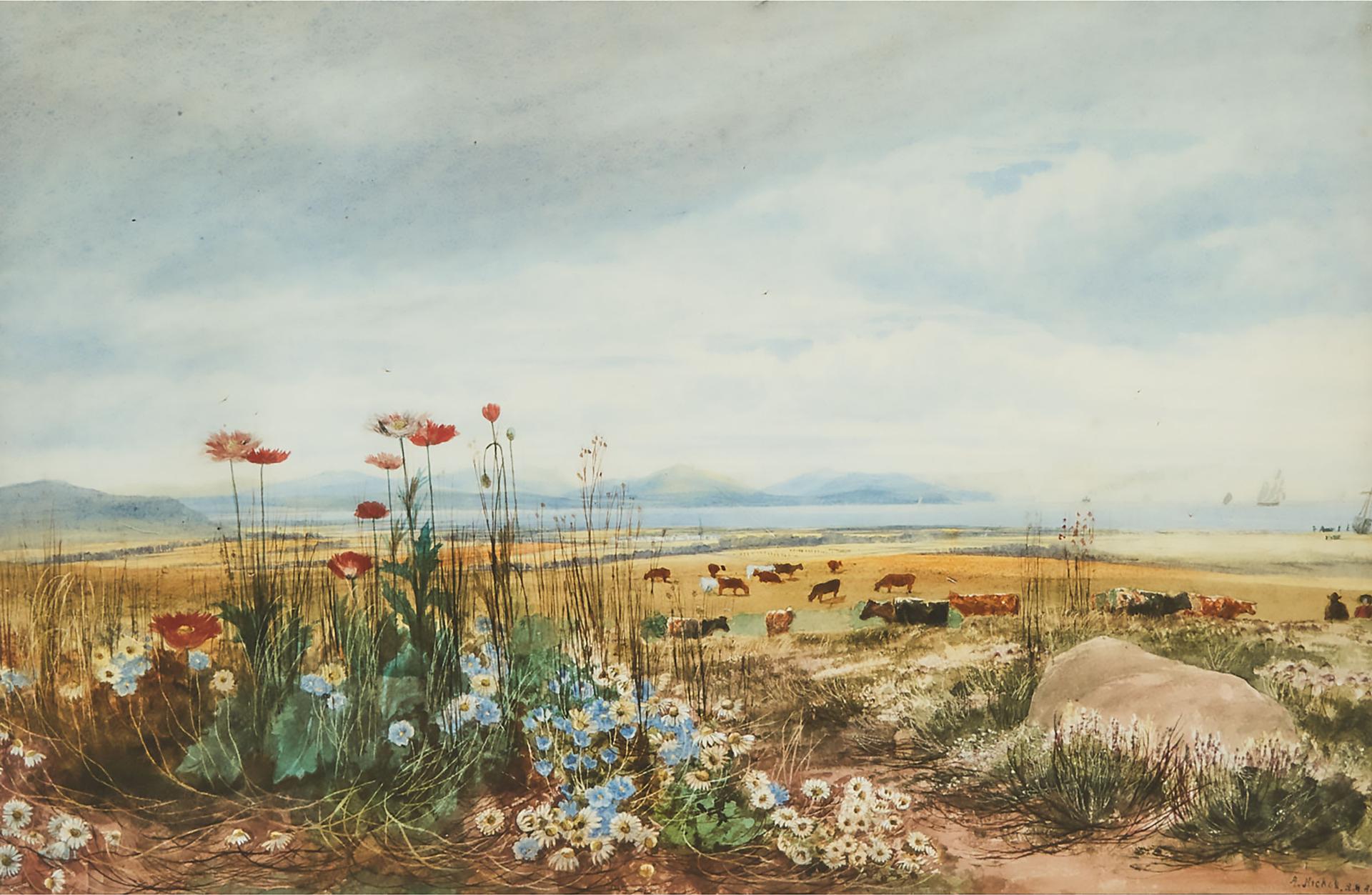 Andrew Nicholl - Bank Of Wildflowers With A View Of Cattle On A Mountainous Coast With Shipping