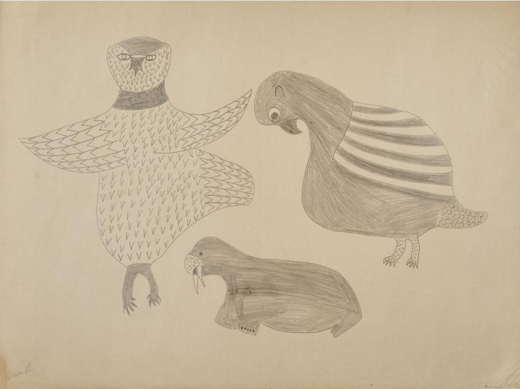 Anirnik Oshuitoq (1902-1983) - Untitled (Owl, Ptarmigan, And Walrus)
