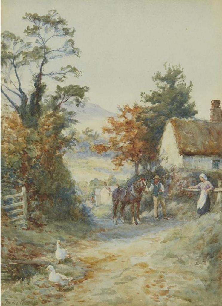 Frederick James Knowles (1874-1931) - A Country Lane With Horseman And Maid With Geese In The Fore