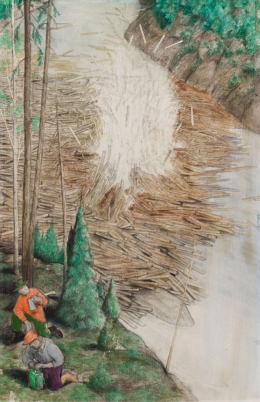William Kurelek (1927-1977) - Dynamiting the Log Jam