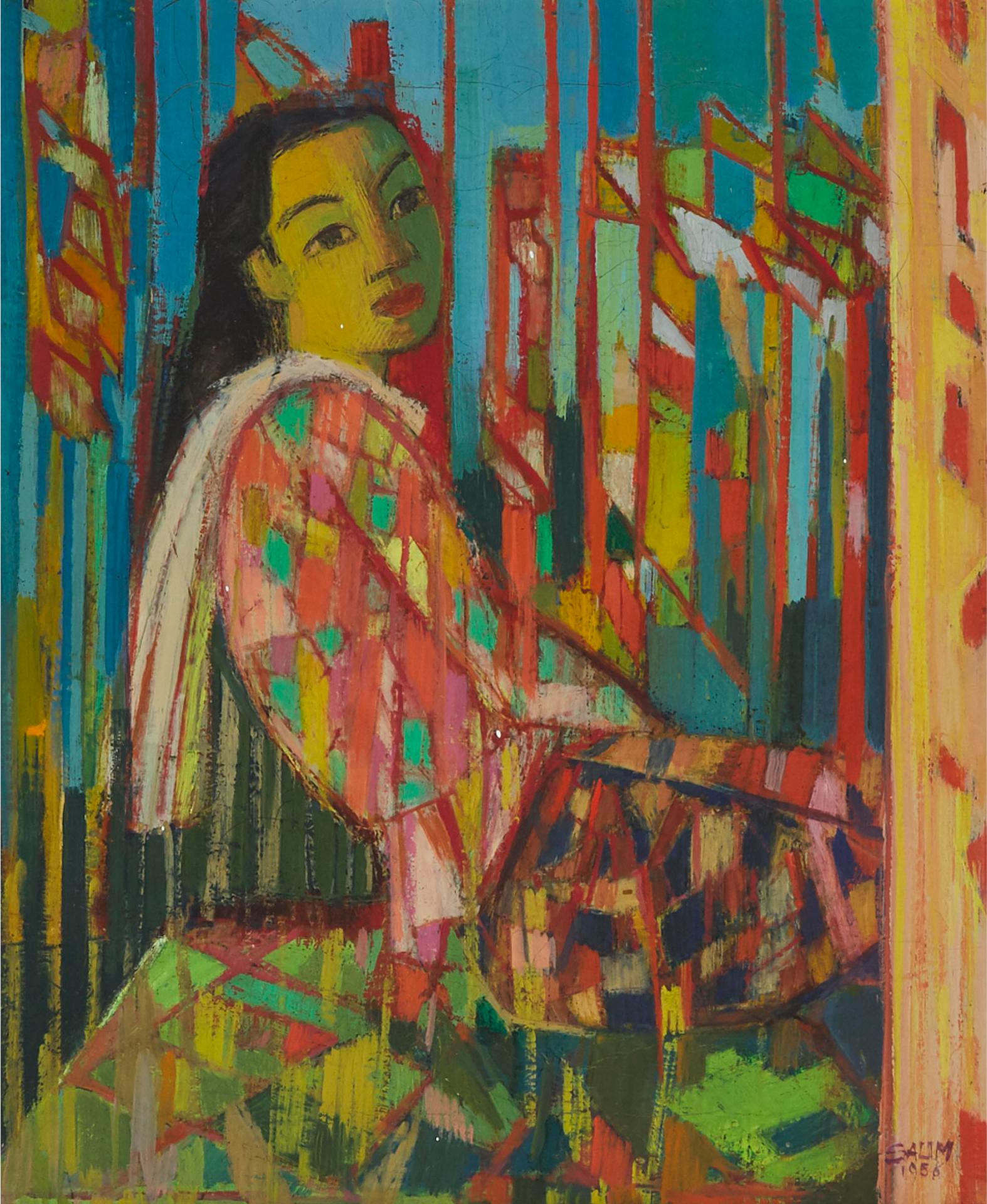 Sarochim Salim - Seated Woman In Multicolored Coat, 1958