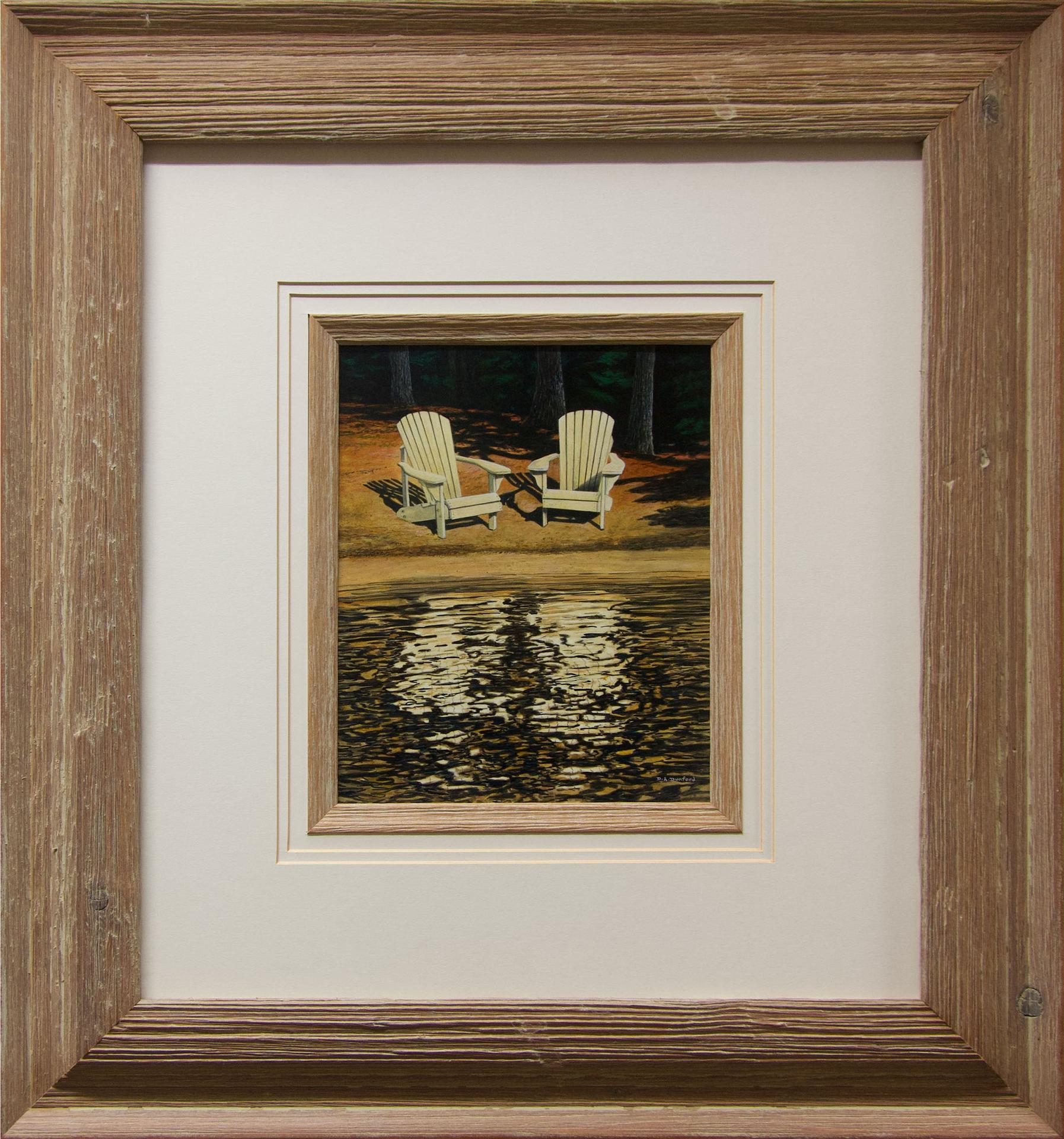 Doug A. Dunford - Untitled (Two White Muskoka Chairs By Water's Edge)