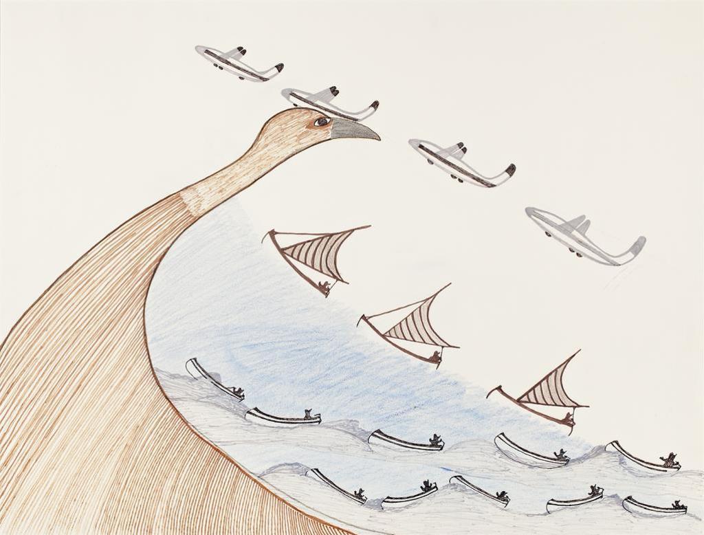 Pudlo Pudlat (1916-1992) - Untitled (Bird, Airplanes, Sailboats and Canoes), 1990, ink and coloured pencil drawing