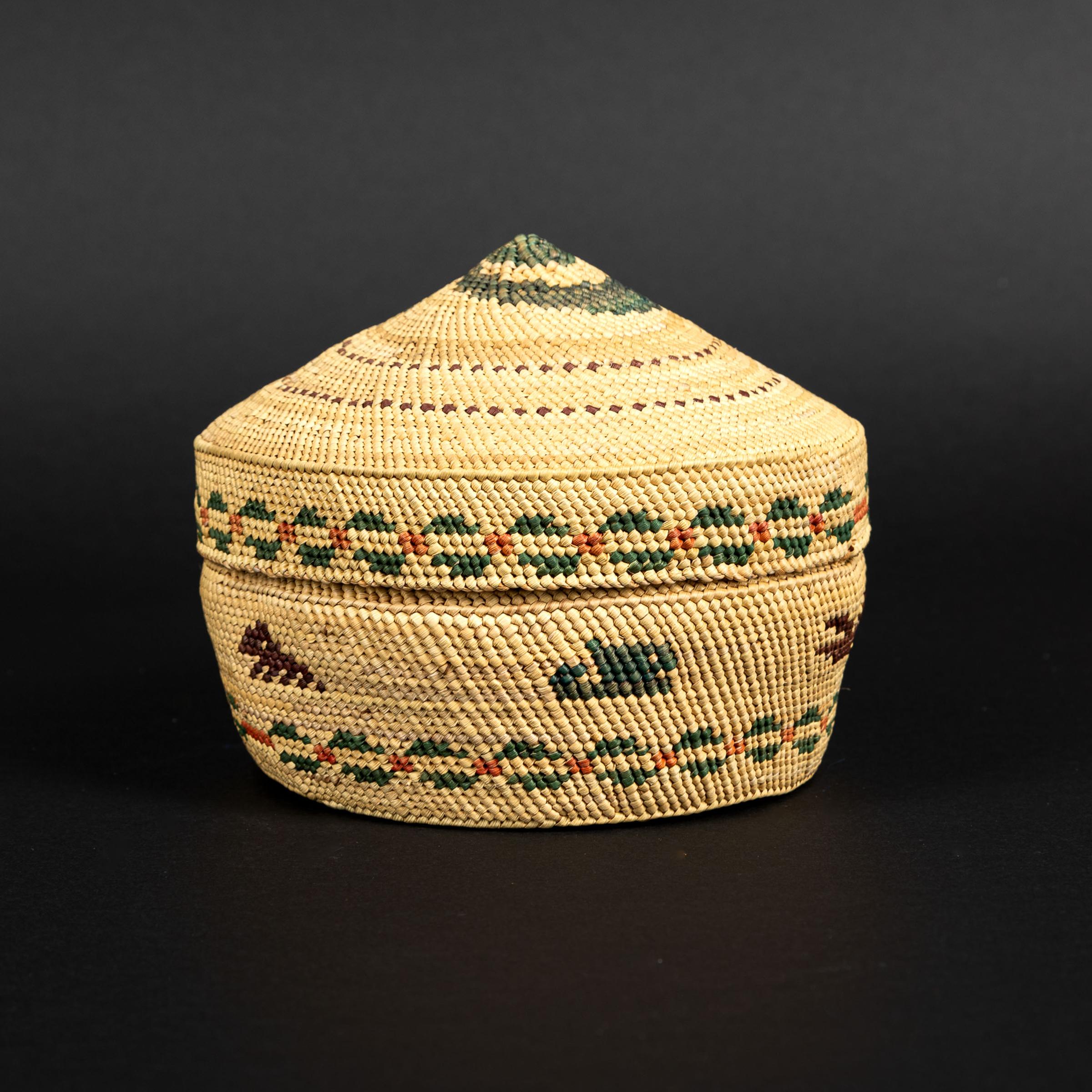 Frances Edgar - A Finely Woven Lidded Basket With Whaling Design And Conical Lid