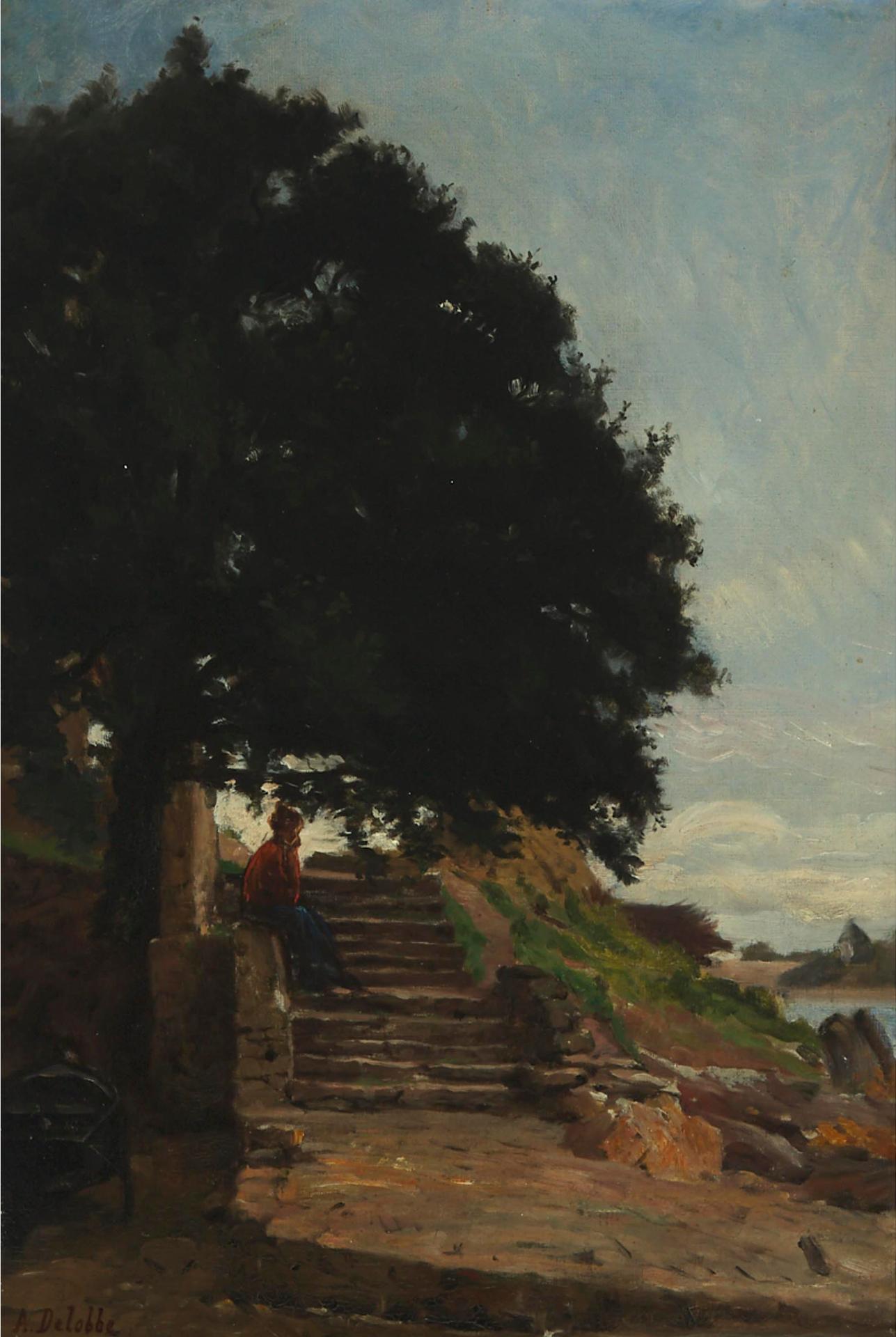 François-Alfred Delobbe (1835-1915) - Woman Seated On The Steps To A Riverside Village