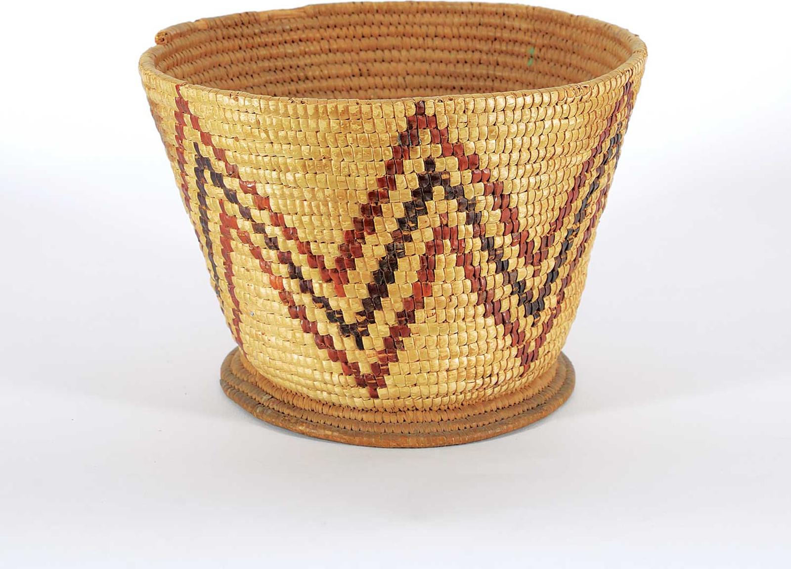 Northwest Coast First Nations School - Round Basket with Red and Brown Zigzag Stripes