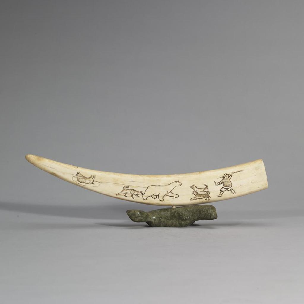 Mannumi Shaqu (1917-2000) - Etched Tusk On Seal Base With Hunting Scene Detail
